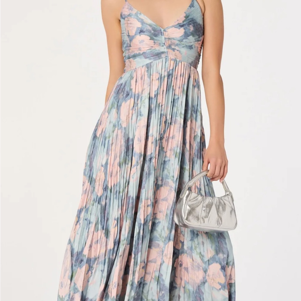 Astr Floral Pleated Midi Dress in Blue and Pink
